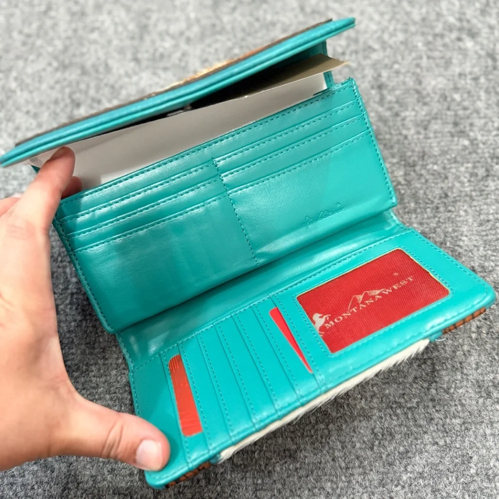 Montana West Hair-On Hide Tooled Wallet – Western Wristlet Brown-Turquoise